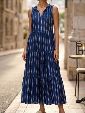 Old Navy Womens XS Blue Shibori Stripe Sleeveless Tiered‎ Maxi Dress 680234-00